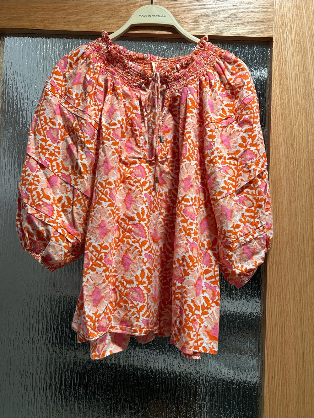 Smocked Free People Pink & Orange Printed Peasant Blouse